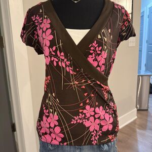 2000's Apt. 9 Wrap Top \ Pink Floral Brown V-Neck Y2K Blouse